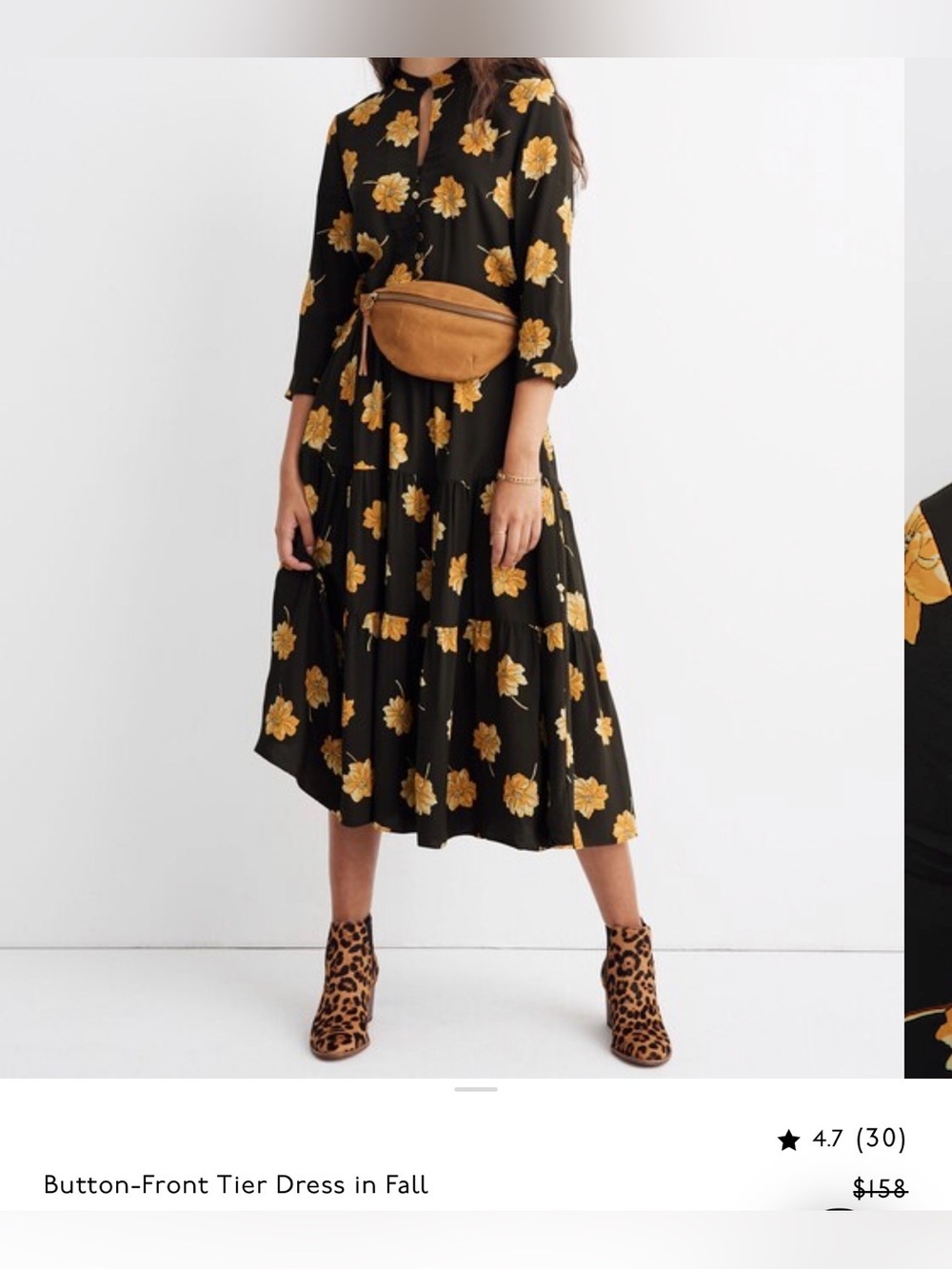 Madewell Black Tiered Button-Front Dress with Mustard Floral Print